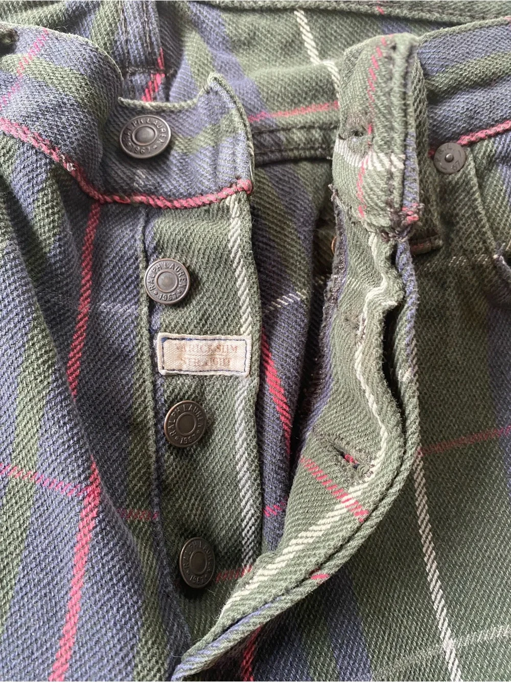 VTG Polo Ralph Lauren Varick Slim Straight Green Plaid Tartan Pants Preppy 32x30